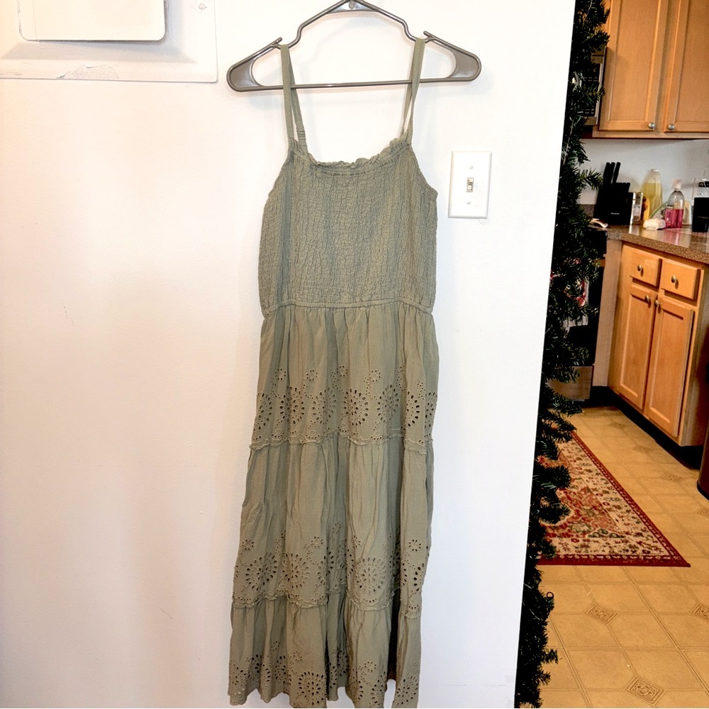 Jessica Simpson Olive Green Eyelet Tiered Maxi Dress
